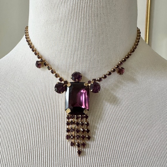 Jewelry - Vintage 1950s Purple Rhinestone Statement Necklace Tassel Sparkly Dressy Formal